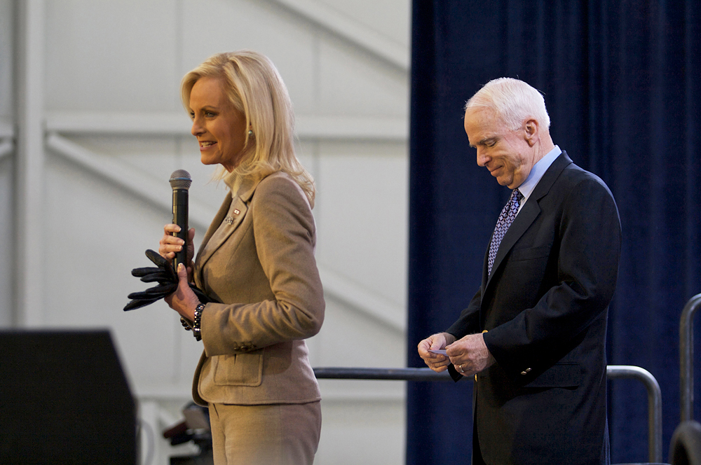 John McCain, R-Ariz., waits to give his speech, Cindy McCain describes how ...
